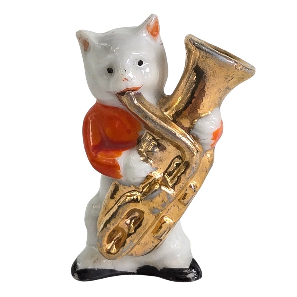 1920's Cat Kitty Porcelain Jazz Band Figurines Made In Japan‎ Gold Instruments - Picture 2 of 9